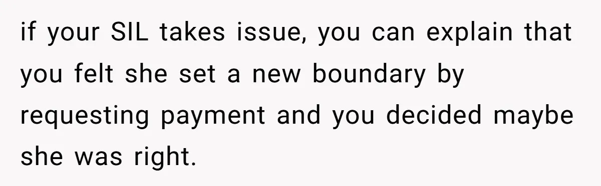 if your SIL takes issue, you can explain that you felt she set a new boundary by requesting payment and you decided maybe she was right.