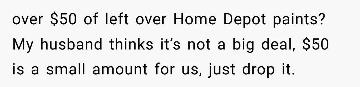 over $50 of left over Home Depot paints? My husband thinks it’s not a big deal, $50 is a small amount for us, just drop it.