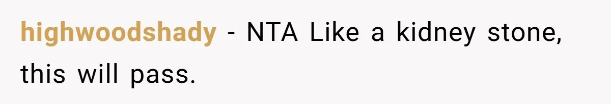 highwoodshady − NTA Like a kidney stone, this will pass.