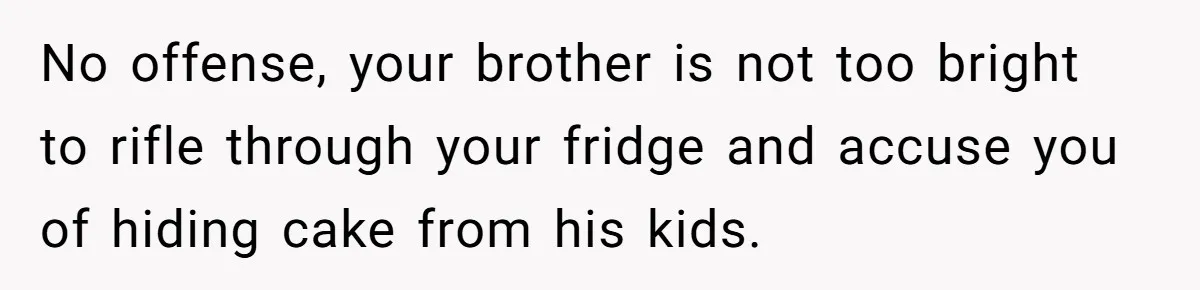 No offense, your brother is not too bright to rifle through your fridge and accuse you of hiding cake from his kids.