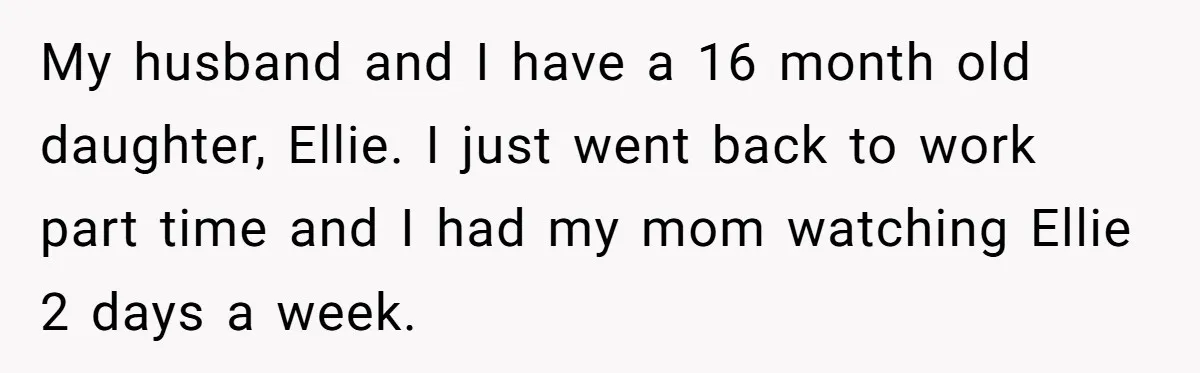 My husband and I have a 16 month old daughter, Ellie. I just went back to work part time and I had my mom watching Ellie 2 days a week.