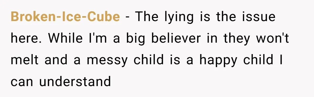 Broken-Ice-Cube − The lying is the issue here. While I'm a big believer in they won't melt and a messy child is a happy child I can understand