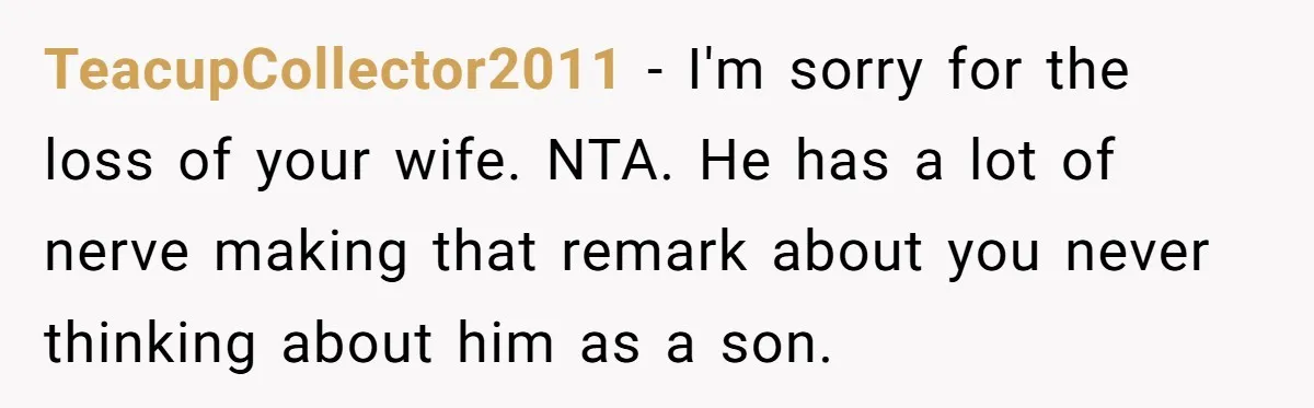 TeacupCollector2011 − I'm sorry for the loss of your wife. NTA. He has a lot of nerve making that remark about you never thinking about him as a son.