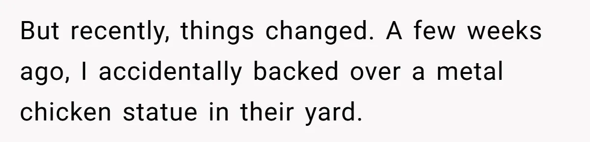 But recently, things changed. A few weeks ago, I accidentally backed over a metal chicken statue in their yard.
