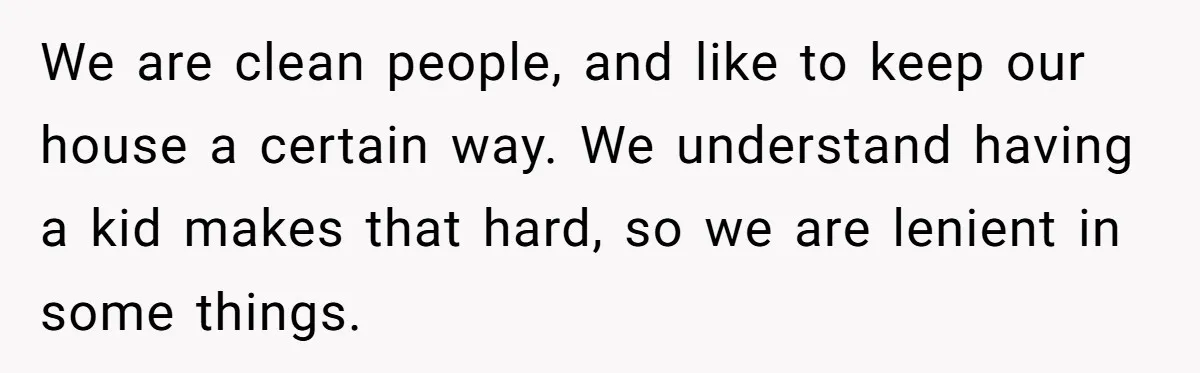We are clean people, and like to keep our house a certain way. We understand having a kid makes that hard, so we are lenient in some things.