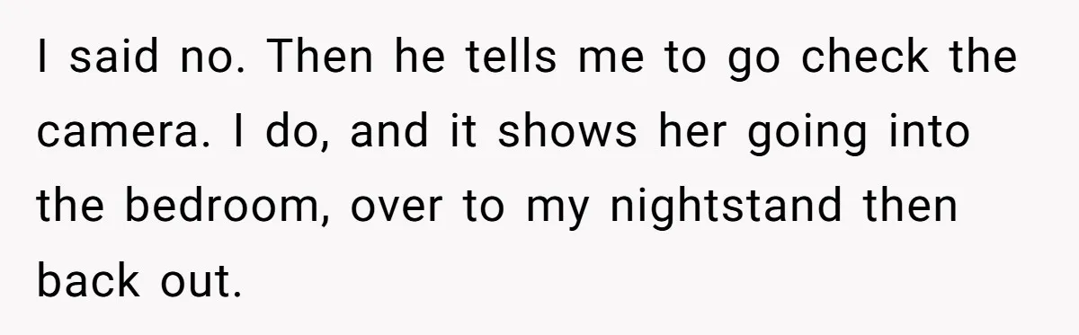 I said no. Then he tells me to go check the camera. I do, and it shows her going into the bedroom, over to my nightstand then back out.