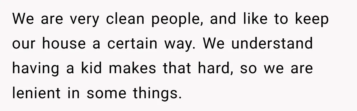 We are very clean people, and like to keep our house a certain way. We understand having a kid makes that hard, so we are lenient in some things.