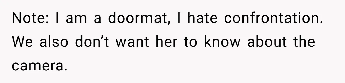 Note: I am a doormat, I hate confrontation. We also don’t want her to know about the camera.