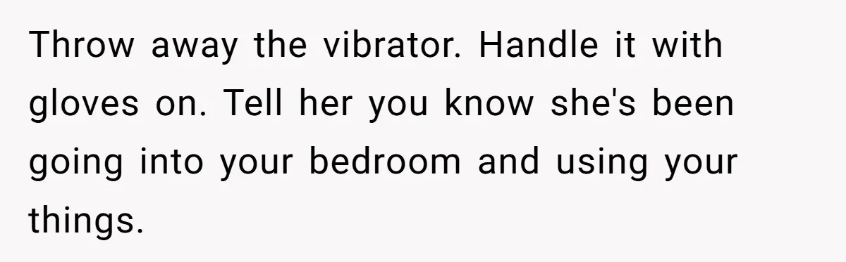 Throw away the vibrator. Handle it with gloves on. Tell her you know she's been going into your bedroom and using your things.