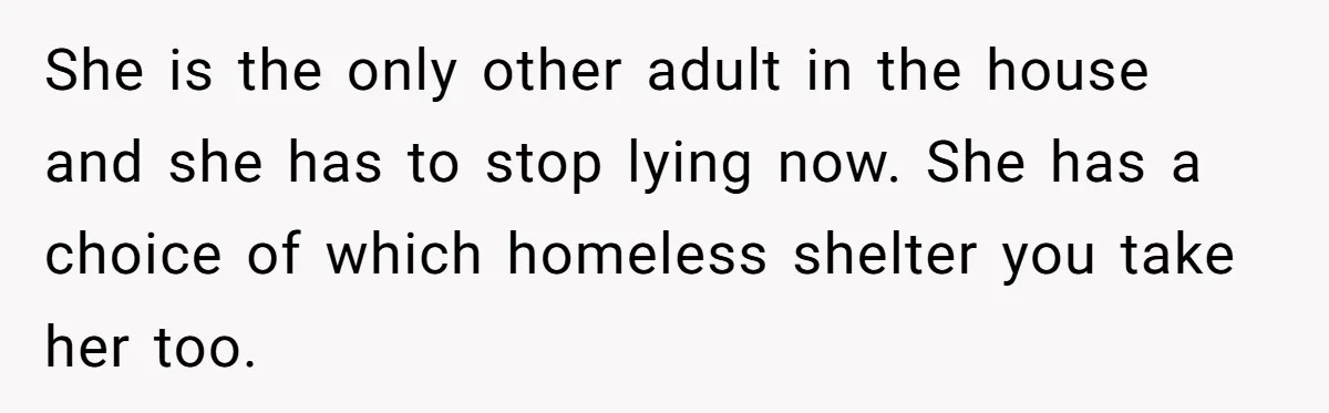 She is the only other adult in the house and she has to stop lying now. She has a choice of which homeless shelter you take her too.