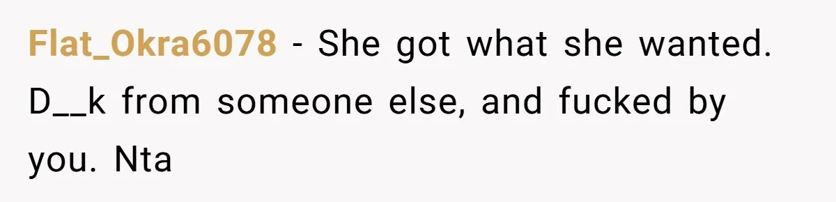Flat_Okra6078 − She got what she wanted. D__k from someone else, and fucked by you. Nta