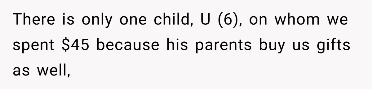 There is only one child, U (6), on whom we spent $45 because his parents buy us gifts as well,