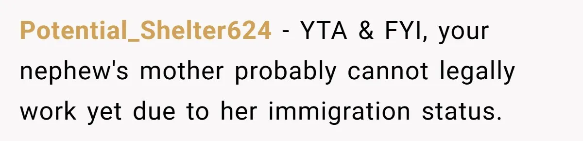 Potential_Shelter624 − YTA & FYI, your nephew's mother probably cannot legally work yet due to her immigration status.