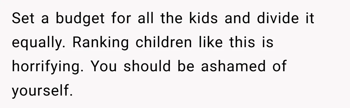 Set a budget for all the kids and divide it equally. Ranking children like this is horrifying. You should be ashamed of yourself.