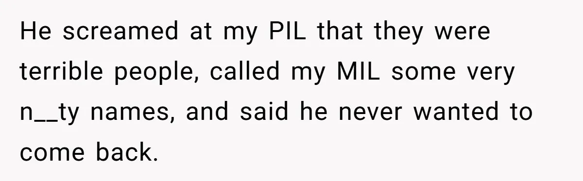 He screamed at my PIL that they were terrible people, called my MIL some very n__ty names, and said he never wanted to come back.