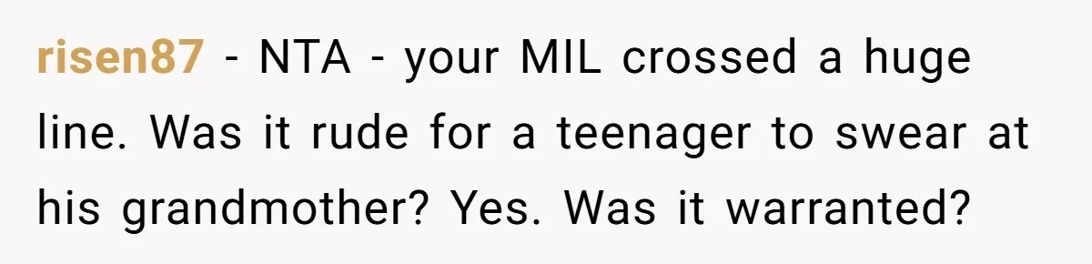 risen87 − NTA - your MIL crossed a huge line. Was it rude for a teenager to swear at his grandmother? Yes. Was it warranted?