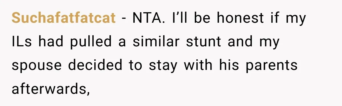 Suchafatfatcat − NTA. I’ll be honest if my ILs had pulled a similar stunt and my spouse decided to stay with his parents afterwards,