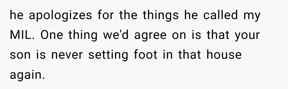 he apologizes for the things he called my MIL. One thing we'd agree on is that your son is never setting foot in that house again.