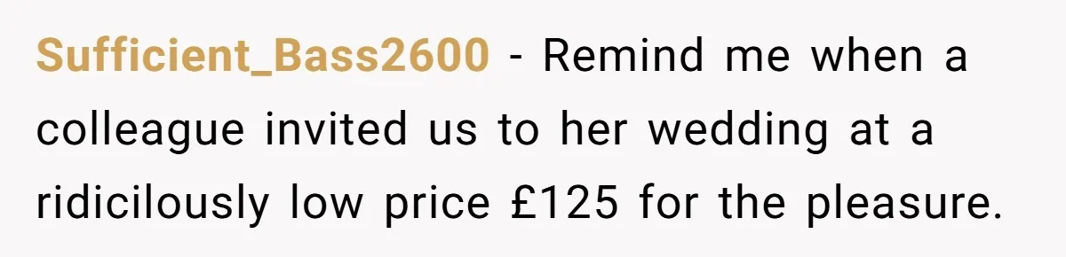 Sufficient_Bass2600 − Remind me when a colleague invited us to her wedding at a ridicilously low price £125 for the pleasure.