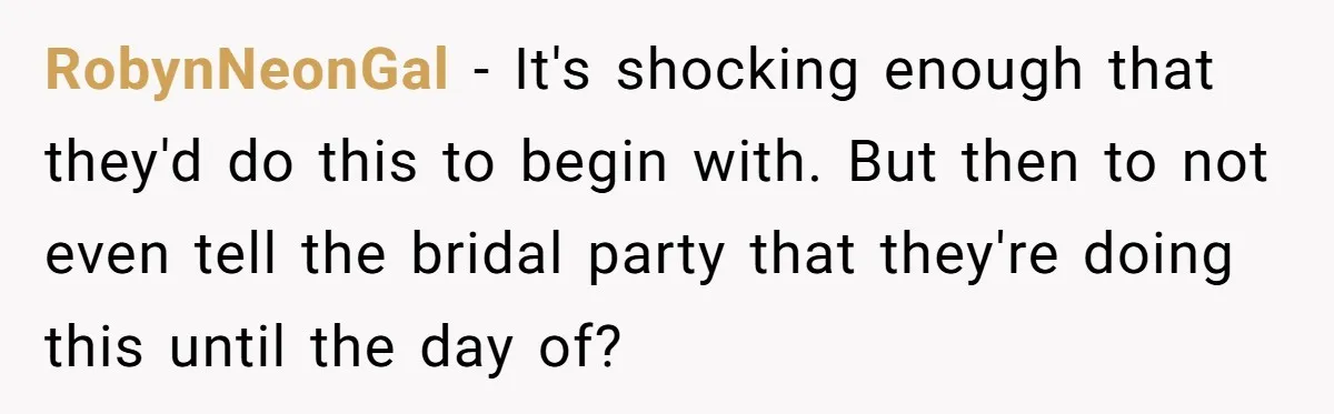 RobynNeonGal − It's shocking enough that they'd do this to begin with. But then to not even tell the bridal party that they're doing this until the day of?