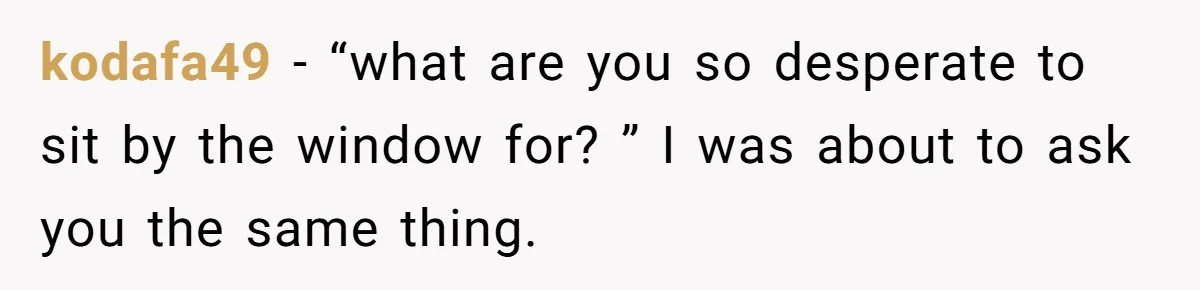 kodafa49 − “what are you so desperate to sit by the window for? ” I was about to ask you the same thing.