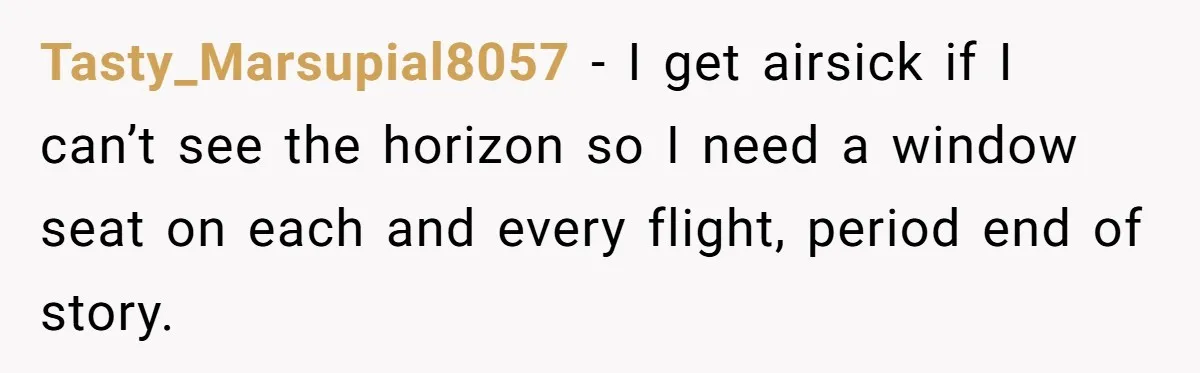 Tasty_Marsupial8057 − I get airsick if I can’t see the horizon so I need a window seat on each and every flight, period end of story.