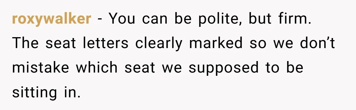 roxywalker − You can be polite, but firm. The seat letters clearly marked so we don’t mistake which seat we supposed to be sitting in.