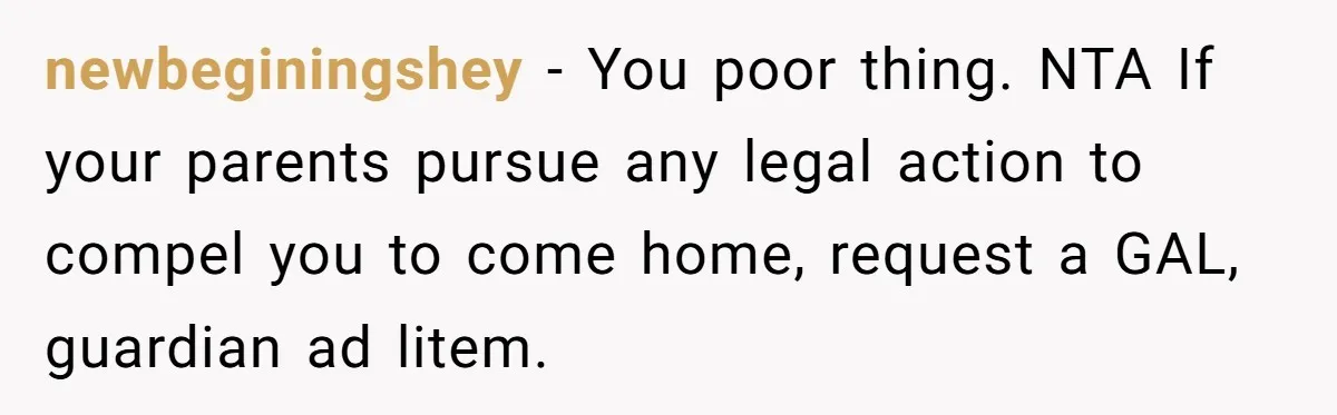 newbeginingshey − You poor thing. NTA If your parents pursue any legal action to compel you to come home, request a GAL, guardian ad litem.