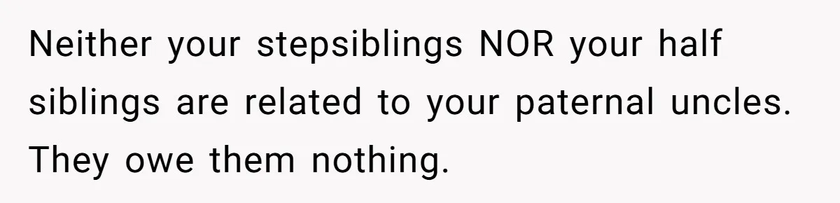 Neither your stepsiblings NOR your half siblings are related to your paternal uncles. They owe them nothing.