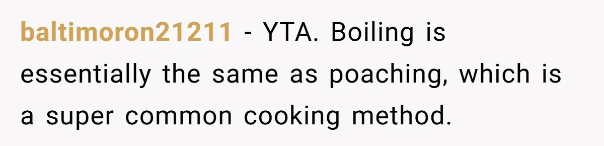 Boyfriend Boils Salmon, She Calls Him Dumb baltimoron21211 − YTA. Boiling is essentially the same as poaching, which is a super common cooking method.