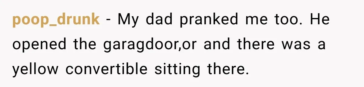 poop_drunk − My dad pranked me too. He opened the garagdoor,or and there was a yellow convertible sitting there.