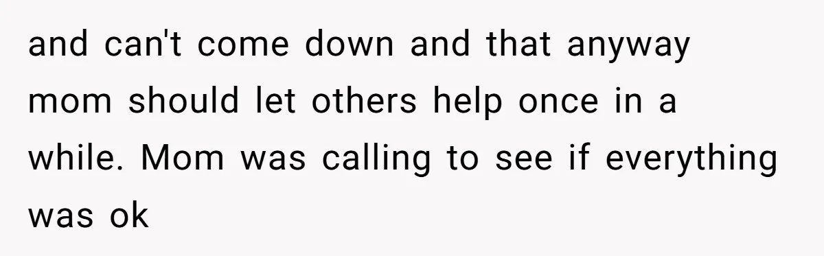 and can't come down and that anyway mom should let others help once in a while. Mom was calling to see if everything was ok
