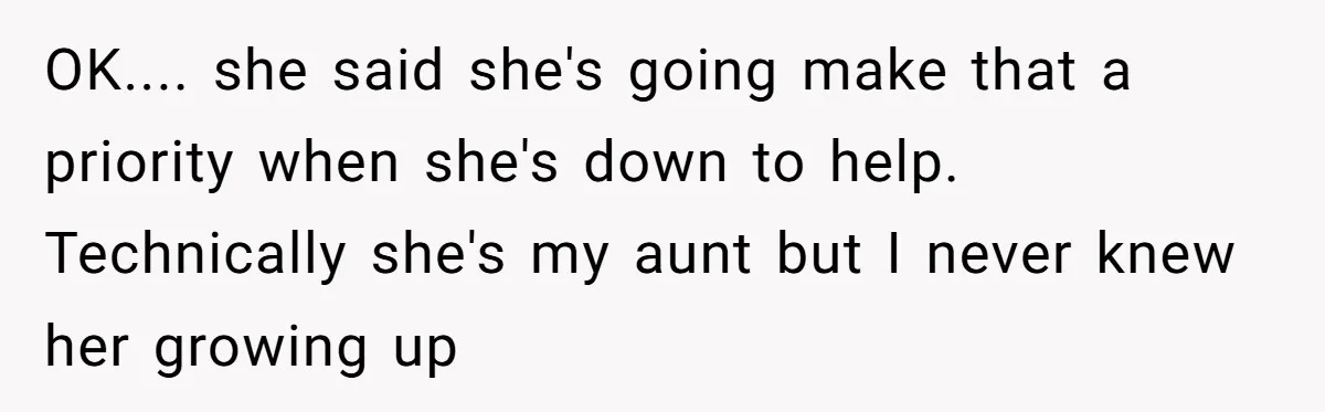 OK.... she said she's going make that a priority when she's down to help. Technically she's my aunt but I never knew her growing up