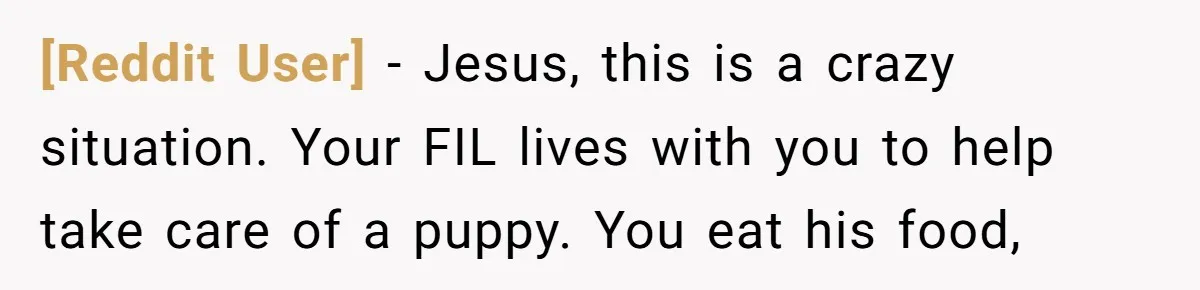[Reddit User] − Jesus, this is a crazy situation. Your FIL lives with you to help take care of a puppy. You eat his food,