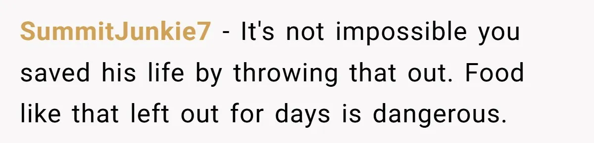 SummitJunkie7 − It's not impossible you saved his life by throwing that out. Food like that left out for days is dangerous.