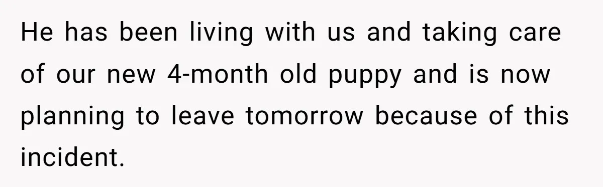 He has been living with us and taking care of our new 4-month old puppy and is now planning to leave tomorrow because of this incident.