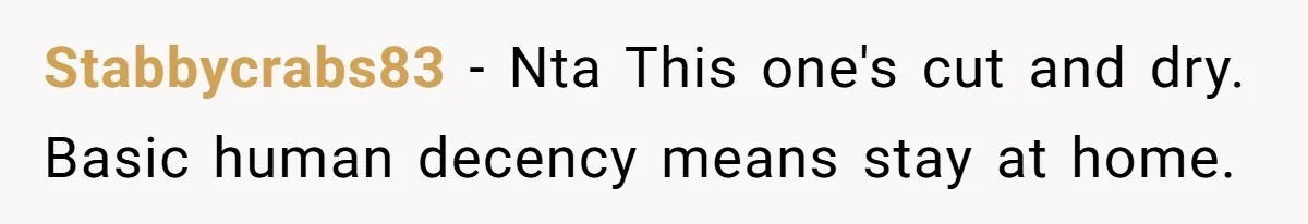 Stabbycrabs83 − Nta This one's cut and dry. Basic human decency means stay at home.