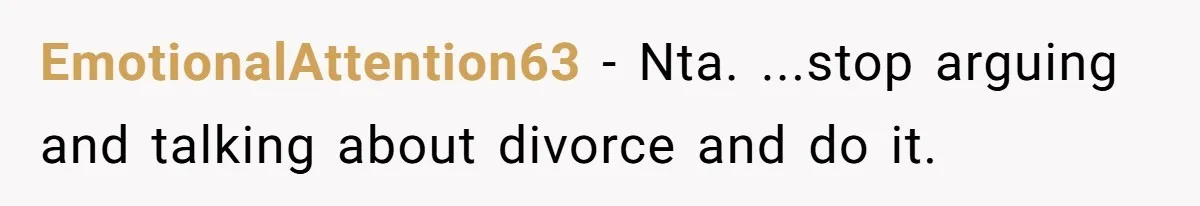 EmotionalAttention63 − Nta. ...stop arguing and talking about divorce and do it.