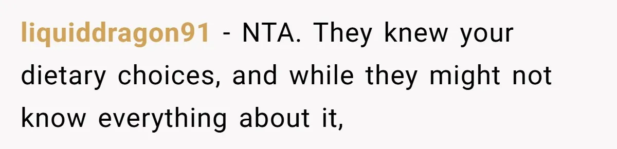 liquiddragon91 − NTA. They knew your dietary choices, and while they might not know everything about it,