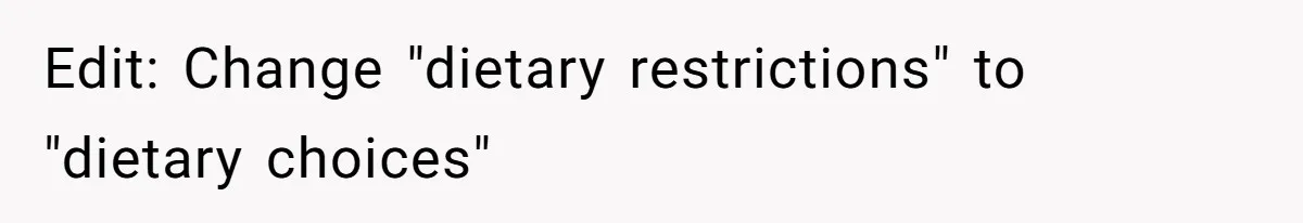 Edit: Change "dietary restrictions" to "dietary choices"