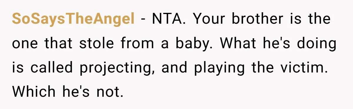 SoSaysTheAngel − NTA. Your brother is the one that stole from a baby. What he's doing is called projecting, and playing the victim. Which he's not.