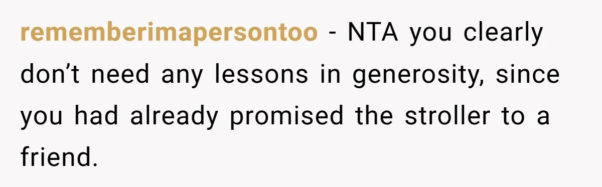 rememberimapersontoo − NTA you clearly don’t need any lessons in generosity, since you had already promised the stroller to a friend.