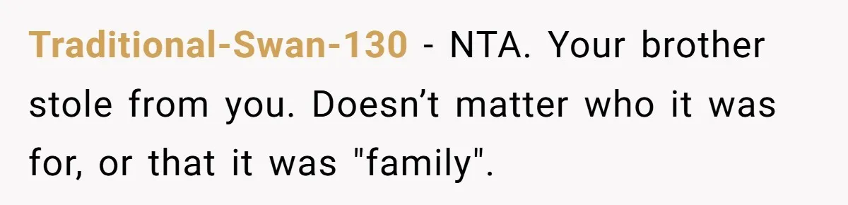 Traditional-Swan-130 − NTA. Your brother stole from you. Doesn’t matter who it was for, or that it was "family".