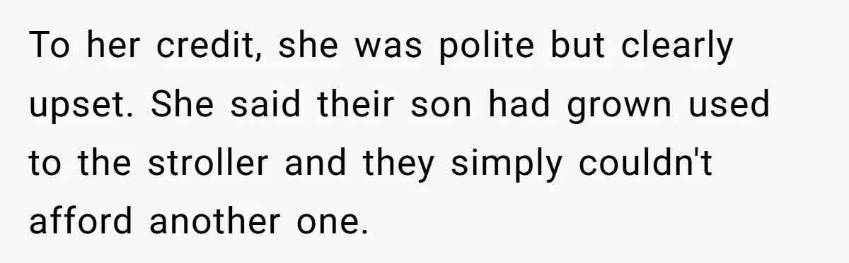 To her credit, she was polite but clearly upset. She said their son had grown used to the stroller and they simply couldn't afford another one.