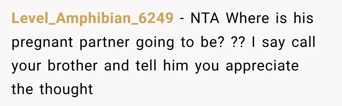 Level_Amphibian_6249 − NTA Where is his pregnant partner going to be? ?? I say call your brother and tell him you appreciate the thought