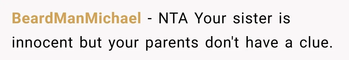 BeardManMichael − NTA Your sister is innocent but your parents don't have a clue.