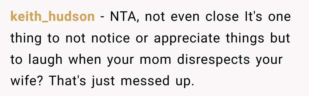 keith_hudson - NTA, not even close It's one thing to not notice or appreciate things but to laugh when your mom disrespects your wife? That's just messed up.