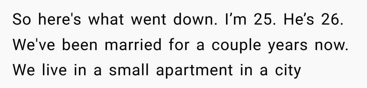 So here's what went down. I’m 25. He’s 26. We've been married for a couple years now. We live in a small apartment in a city