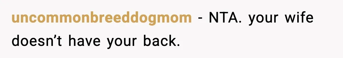 uncommonbreeddogmom - NTA. your wife doesn’t have your back.