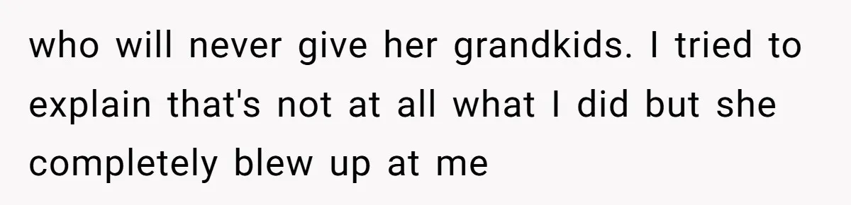 who will never give her grandkids. I tried to explain that's not at all what I did but she completely blew up at me